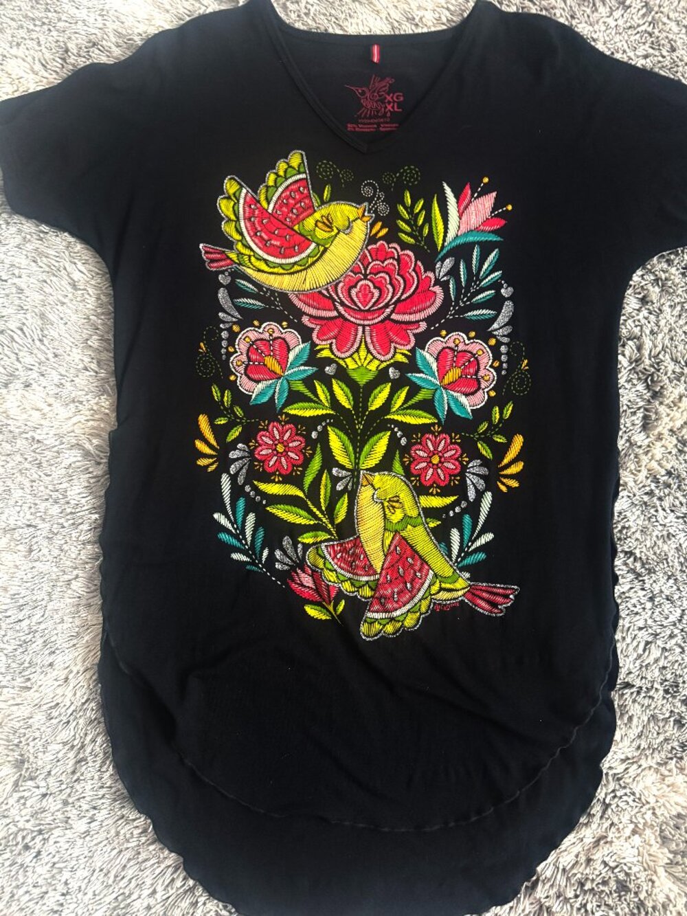 Ay Güey Black Floral & Bird Graphic Tunic Top – XL